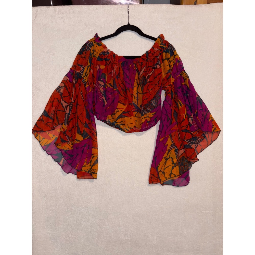 Live 4 Truth orange Tropical‎ Off Shoulder Bell Sleeve sheer Crop Top festival